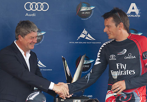 Auckland, 21-03-2010. Grant Dalton, managing director and Dean Barker, skipper from Emirates Team New Zealand recieves the Trophy presented by Yves Carsell, CEO of Louis Vuitton, during the Louis Vuitton Trophy in Auckland 2010. Photo copyright Stefano Gattini of Studio Borlenghi and Azzurra.