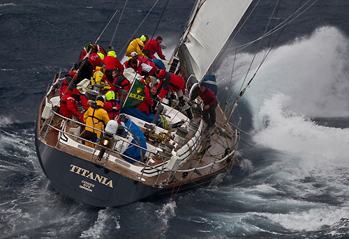 Richard Dobbs' Swan 68 and United Kingdom entry Titania of Cowes, with Sir Robert Knox-Johnston onboard, ploughing through the conditions of the Tasman Sea off the New South Wales South Coast, during the Rolex Sydney Hobart Yacht Race 2010, Australia. Photo copyright Carlo Borlenghi, Rolex.