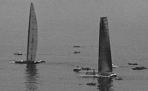Valencia, Spain, February 8, 2010. Day one Alinghi 5 and BMW Oracle waiting for some wind during the 33rd America’s Cup. Photo copyright Carlo Borlenghi, Alinghi.