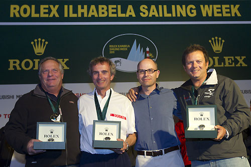 At the prizegiving ceremony are Stephan Meili (Rolex Brasil) with the winners; Thomas Scheidt's Atrevido (BRA), Ernesto Luiz Breda's B&C 46 Touche Super (BRA), and Pablo Despotin's Soto 40 Pisco Sour (CHI), during the Rolex Ilhabela Sailing Week 2011. Photo copyright Rolex and Carlo Borlenghi.