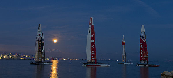 A moonlit Naples evening, 06/04/12, during the Americas Cup World Series Naples, Italy, April 2012. Photo copyright Luna Rossa and Carlo Borlenghi.