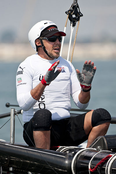 Venezia (Venice Italy), 12/05/12. CEO of Oracle Larry Ellison on board Oracle 4, during the America's Cup World Series in Venice. Photo copyright Carlo Borlenghi and Luna Rossa.