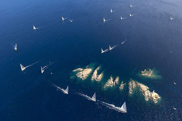 Swan Fleet rounding Monaci Island, during the Rolex Swan Cup 2012. Photo copyright, Rolex and Carlo Borlenghi.