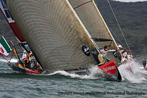 Azzurra (Italy) skippered by Francesco Bruni races in the Louis Vuitton Trophy on New Zealand's spectacular Waitemata Harbour. Photo copyright Howard Wright 2010.