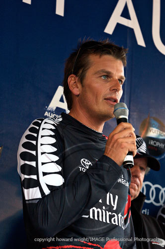 Emirates Team New Zealand skipper helmsman, Dean Barker speaking at the presentations after winning the Louis Vuitton Trophy, Auckland, New Zealand. Photo copyright Howard Wright 2010.