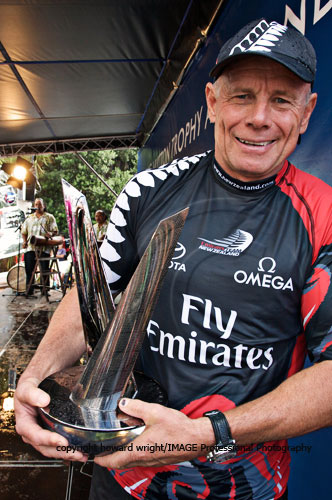 Emirates Team New Zealand Managing Director, Grant Dalton, holds the prized Louis Vuitton Trophy. Photo copyright Howard Wright 2010.
