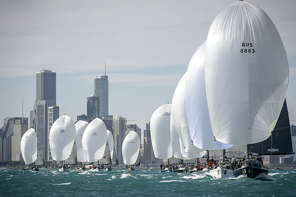 Lang Walker's Kokomo (AUS 8883) with tactician Malcolm Page from Sydney, NSW, Australia, leading the Rolex Farr 40 fleet offshore Chicago. Photo copyright Kurt Arrigo for Rolex.