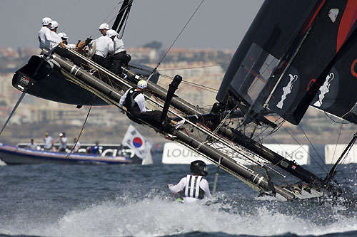 One of ORACLE Racing's AC45 wing-sailed catamarans at the America's Cup World Series, Cascais, Portugal, August 6-14, 2011. Photo copyright Morris Adant.