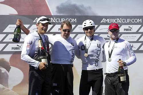 Dean Barker, ORACLE Racing's founder Larry Ellison, James Spithill and Terry Hutchinson on the podium at the America's Cup World Series, Cascais, Portugal, August 6-14, 2011. Photo copyright Morris Adant.
