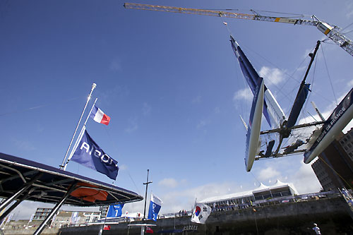 Bertrand Pac's Aleph being launched at the America's Cup World Series, Plymouth, UK, September 10-18, 2011. Photo copyright Morris Adant.