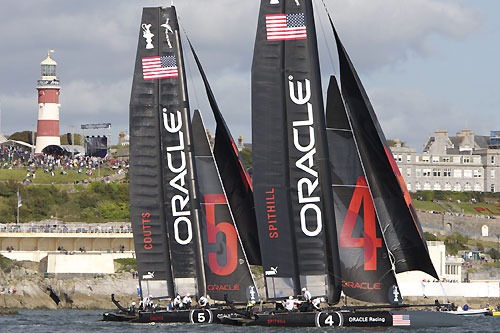 James Spithill's and Russell Coutts' ORACLE Racing AC45 wing-sailed catamarans at the America's Cup World Series, Plymouth, UK, September 10-18, 2011. Photo copyright Morris Adant.