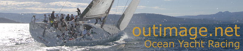 The outimage ocean yacht racing banner. The image within this banner is one of Roger Sturgeon's Transpac 65 Rosbud from the United States, working up Hobart's Derwent River into the late afternoon to take out an overall win of the 2007 Rolex Sydney Hobart Yacht Race. The photograph was taken by Peter Andrews.