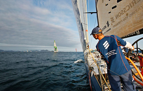 Ericsson 3 chasing Green Dragon, just after the start of leg 6 of the Volvo Ocean Race, from Rio de Janeiro to Boston. Photo copyright Gustav Morin / Ericsson 3 / Volvo Ocean Race.