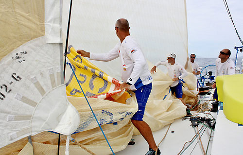 Sail changes, onboard Telefonica Blue, on leg 6 of the Volvo Ocean Race, from Rio de Janeiro to Boston. Photo copyright Gabriele Olivo / Telefonica Blue / Volvo Ocean Race.