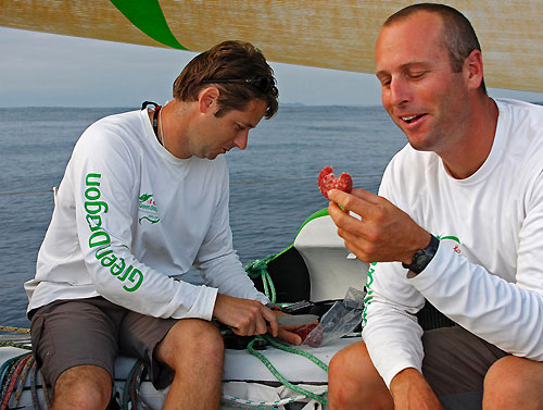 Navigator Ian Moore, feeding the crew of Green Dragon, on leg 6 of the Volvo Ocean Race, from Rio de Janeiro to Boston. Photo copyright Guo Chuan / Green Dragon Racing / Volvo Ocean Race.