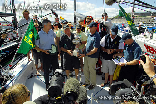 Bob Steel holding the Tattersalls Cup after his overall win of the Rolex Sydney Hobart with Quest in 2008. Photo copyright Peter Andrews, Outimage Australia.