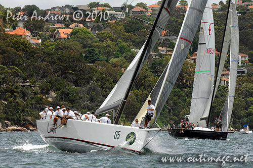 Alan Brierty’s Reichel Pugh 62 Limit and Bob Steel's TP52 Quest, during the SOLAS Big Boat Challenge 2010 on Sydney Harbour. Photo copyright Peter Andrews, Outimage Australia.