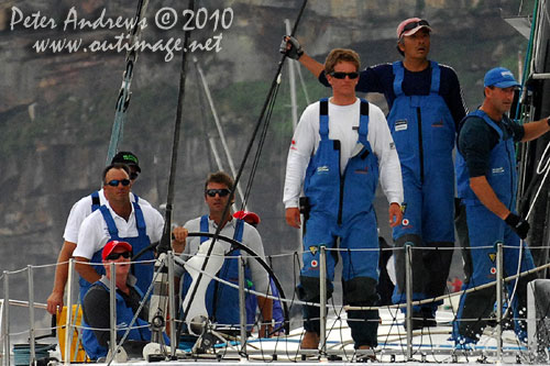 Grant Wharington and crew onboard the Maxi Wild Thing, outside the heads after the start of the Rolex Sydney Hobart 2010. Photo copyright Peter Andrews, Outimage Australia.