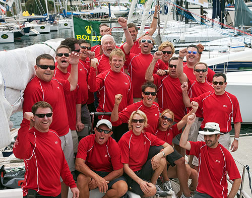 The crew of the Swan 68, Tatania of Cowes (GBR) with Sir Robin Knox-Johnston (left second row from the top), at the docks of the Cruising Yacht Club of Australia. Photo copyright Daniel Forster, Rolex.